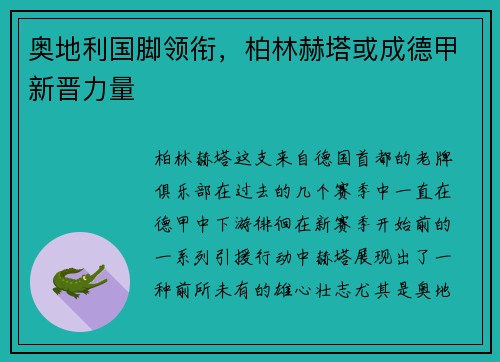 奥地利国脚领衔，柏林赫塔或成德甲新晋力量